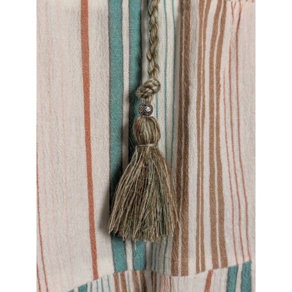 Striped Sleeveless Boho Blouse Tassel Tie Neck Prairie Coastal Petite Medium - Picture 3 of 7
